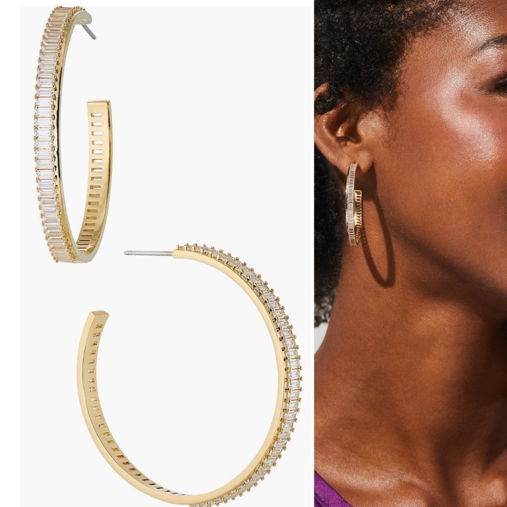 Nadri Large Disco Baguette Cubic Zirconia Hoop Earrings in Gold NWT